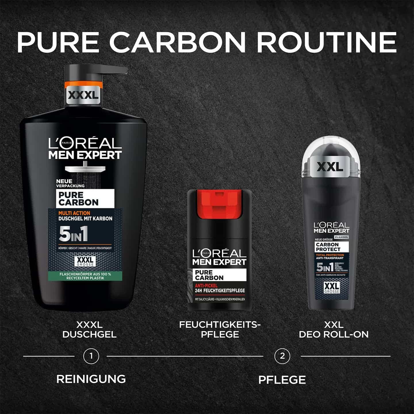 Pure Carbon Routine - Abbildungen von 3 Pflege- & Reinigungsprodukten